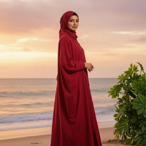 Deep Red Kaftan Abaya with Collar