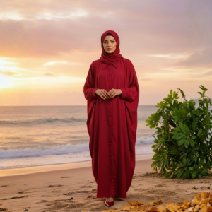 Deep Red  Kaftan Abaya with Collar