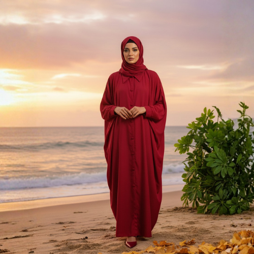 Deep Red Kaftan Abaya with Collar