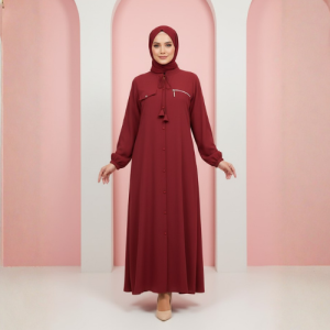The Maroon Button-Front Abaya with Zipper Detail