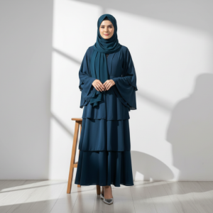 The Tiered Ruffle Abaya with Bell Sleeves in Deep Teal