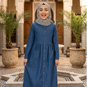 Kids Premium Denim Abaya – Front Button Style